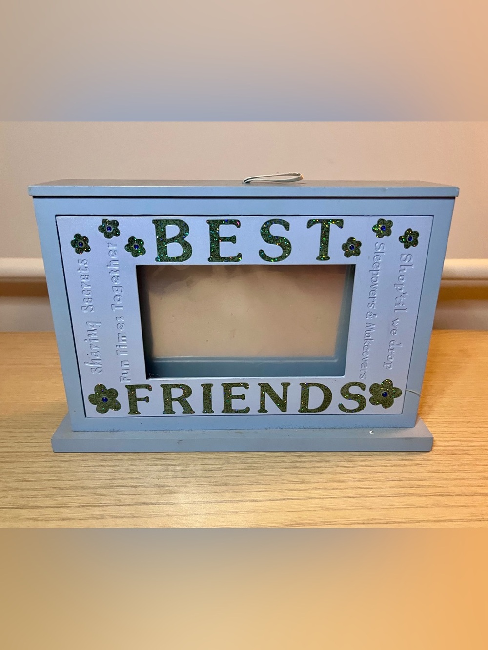 Vintage Wooden Best Friends Photo Box Flip Album Memory Storage Blue Y2K
